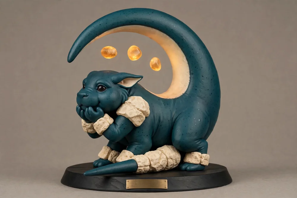 Orro, the Waykeeper, as a collectible figure — a round teal creature under a sweeping arch, three amber keepsake stones floating inside it