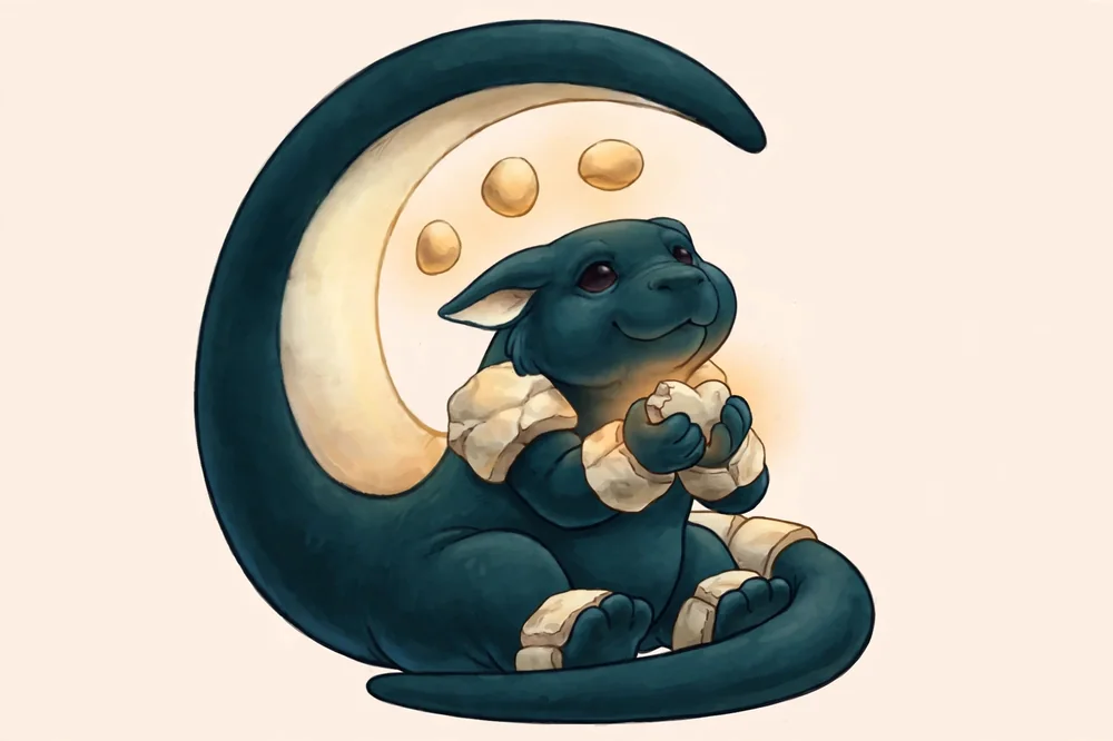 Orro seated on its curled tail, holding its chipped heart-shaped keepsake stone out in both small hands