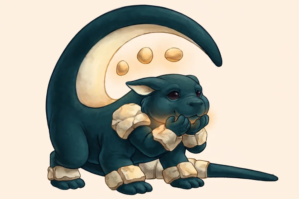 Orro standing — low heavy body, collecting hands under its chin, three amber stones suspended in the open arch on its back
